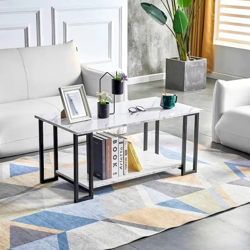 Modern Rectangle Coffee Table with Open Shelf White Marble Texture Gold Black Iron Legs