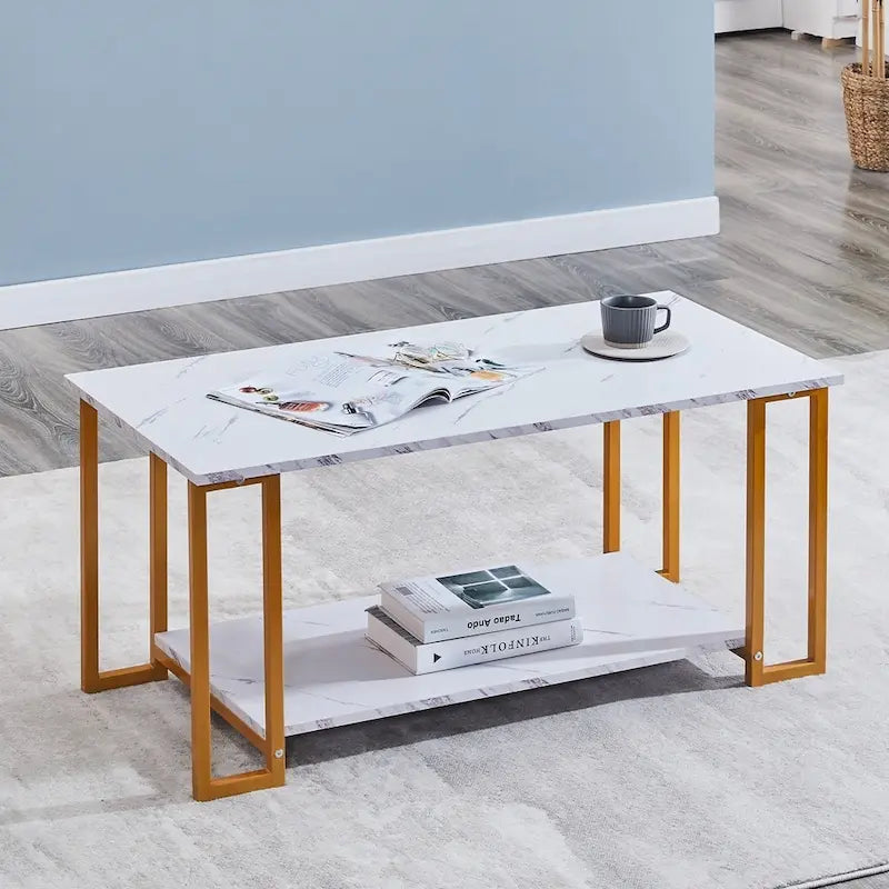 39.37 L MDF Rectangle Tabletop Iron Coffee Table , Dining Room, Coffee Shop, Resterant, White Top, Gold Leg