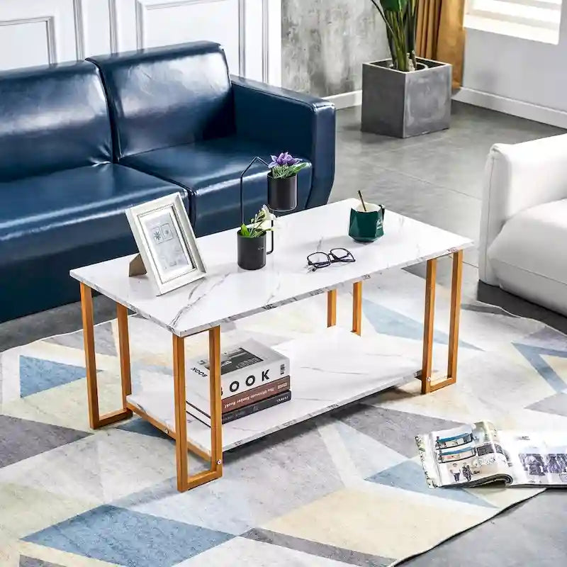 Modern Rectangle Coffee Table with Open Shelf White Marble Texture Gold Black Iron Legs
