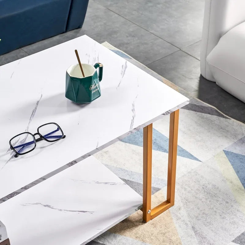 Modern Rectangle Coffee Table with Open Shelf White Marble Texture Gold Black Iron Legs