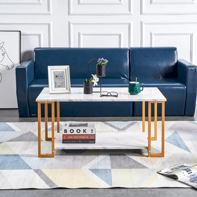 Modern Rectangle Coffee Table with Open Shelf White Marble Texture Gold Black Iron Legs