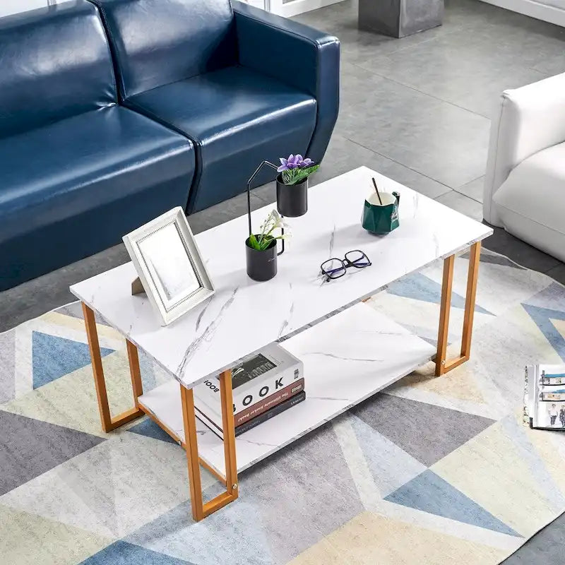 Modern Rectangle Coffee Table with Open Shelf White Marble Texture Gold Black Iron Legs
