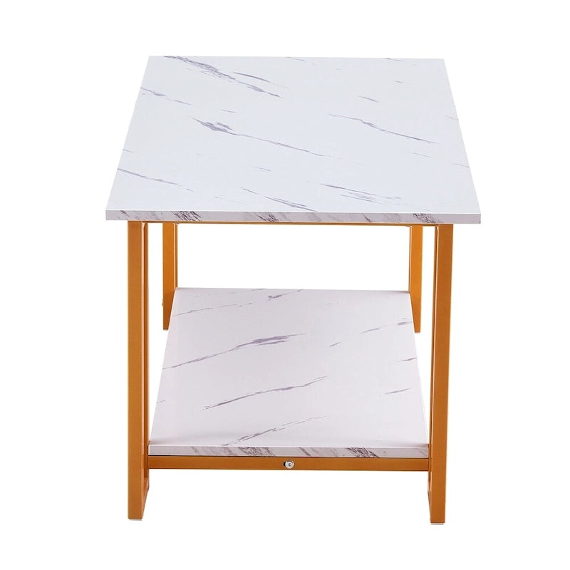 Modern Rectangle Coffee Table with Open Shelf White Marble Texture Gold Black Iron Legs
