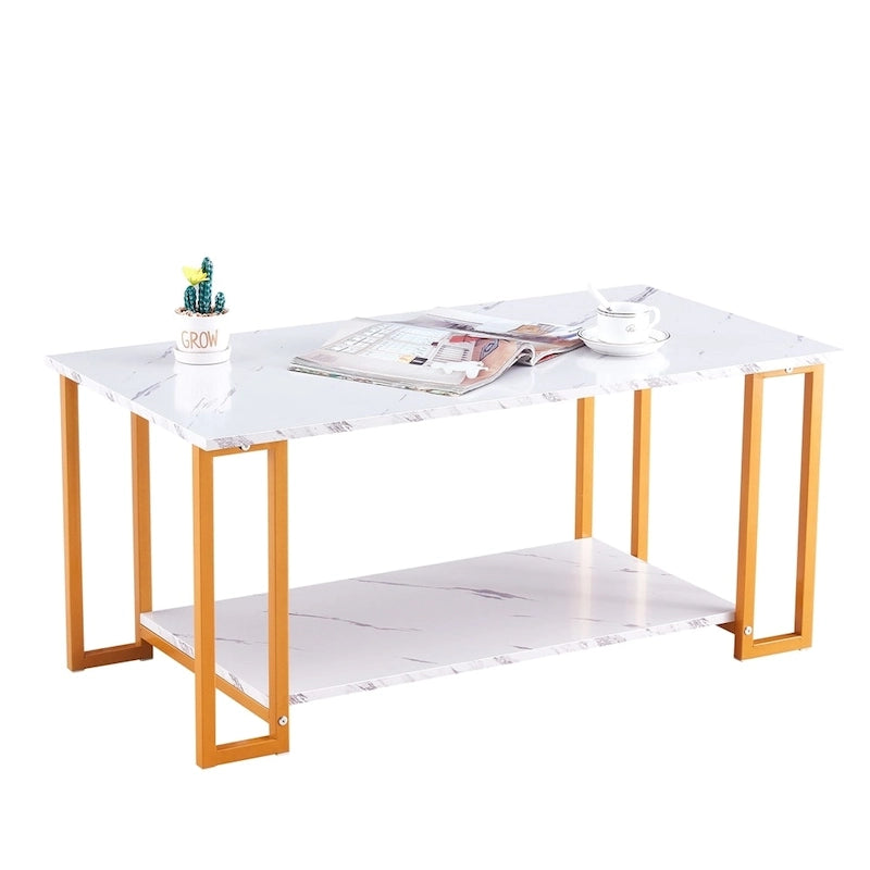 Modern Rectangle Coffee Table with Open Shelf White Marble Texture Gold Black Iron Legs