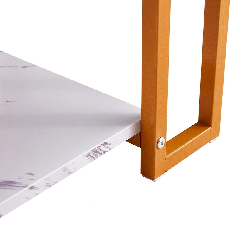 Modern Rectangle Coffee Table with Open Shelf White Marble Texture Gold Black Iron Legs