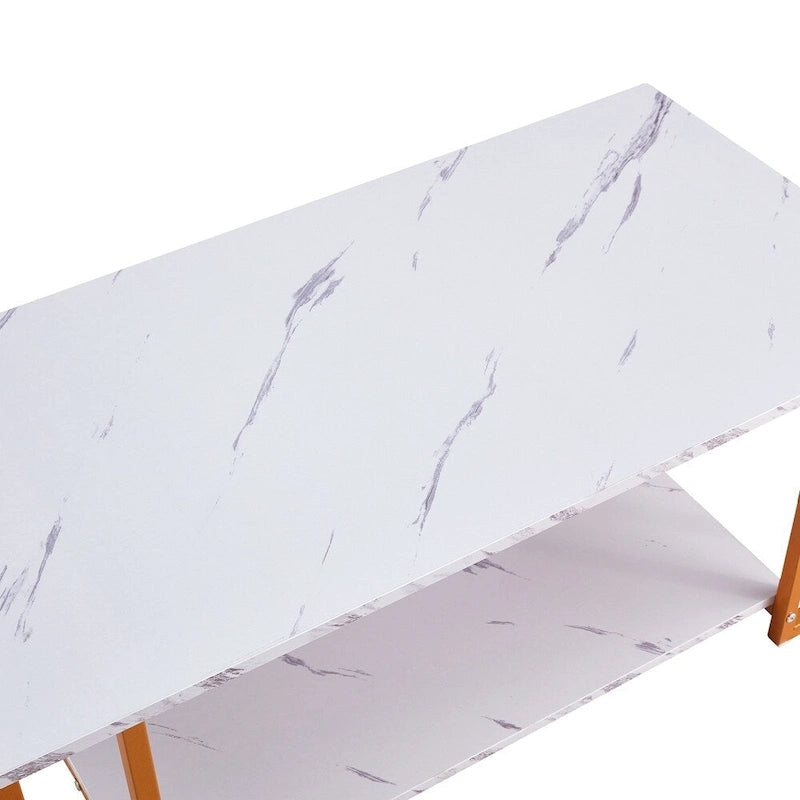 Modern Rectangle Coffee Table with Open Shelf White Marble Texture Gold Black Iron Legs