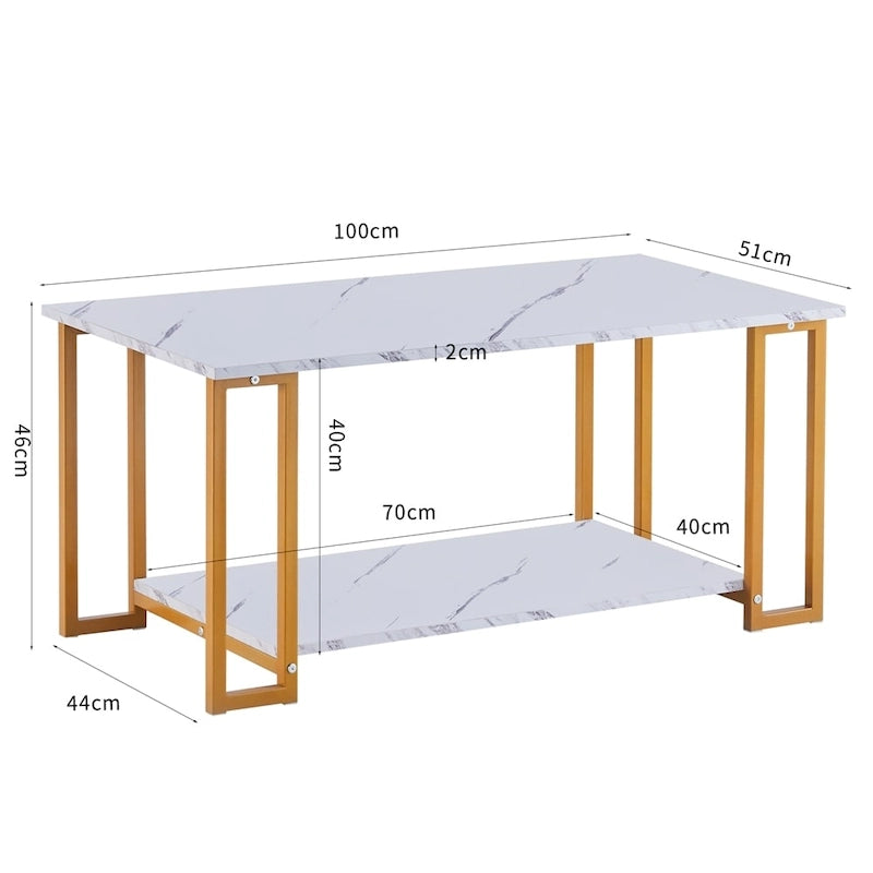 Modern Rectangle Coffee Table with Open Shelf White Marble Texture Gold Black Iron Legs