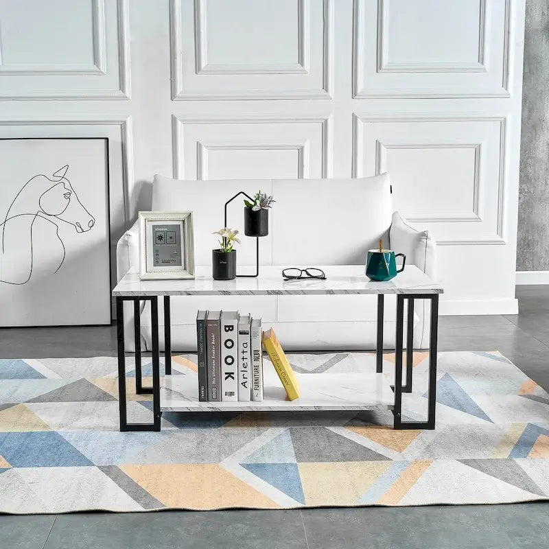Modern Rectangle Coffee Table with Open Shelf White Marble Texture Gold Black Iron Legs