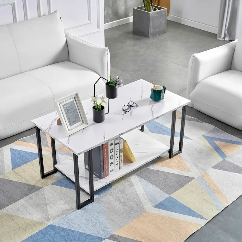 Modern Rectangle Coffee Table with Open Shelf White Marble Texture Gold Black Iron Legs