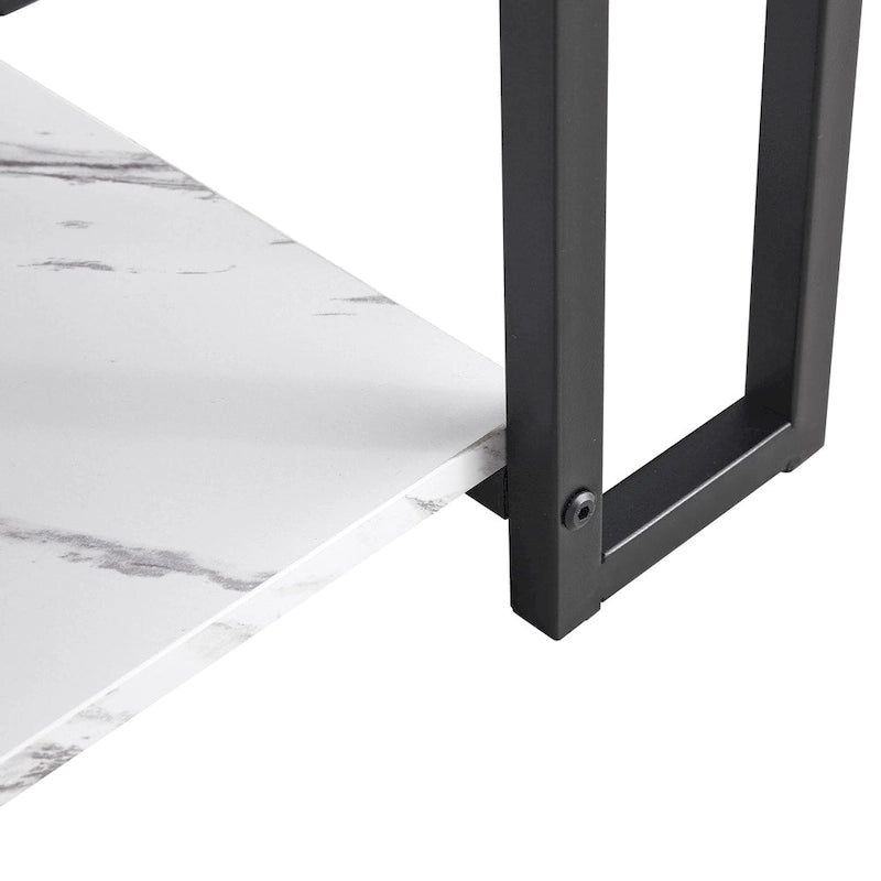 Modern Rectangle Coffee Table with Open Shelf White Marble Texture Gold Black Iron Legs