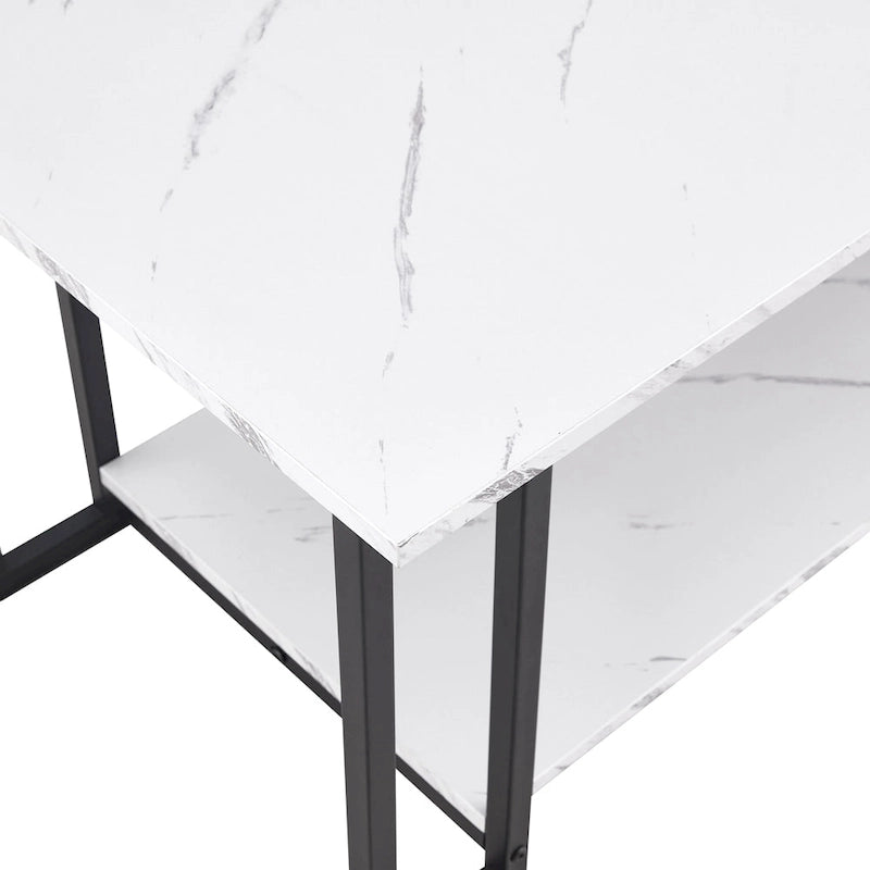 Modern Rectangle Coffee Table with Open Shelf White Marble Texture Gold Black Iron Legs