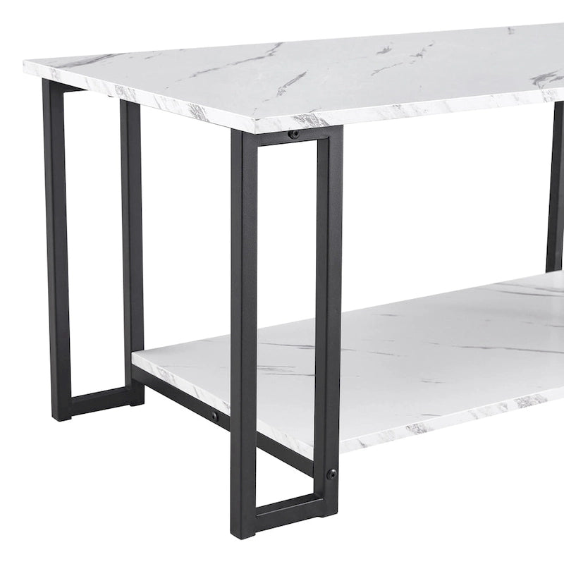Modern Rectangle Coffee Table with Open Shelf White Marble Texture Gold Black Iron Legs