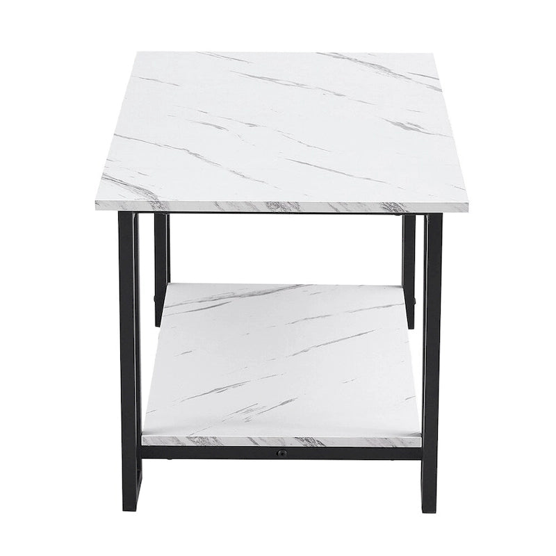 Modern Rectangle Coffee Table with Open Shelf White Marble Texture Gold Black Iron Legs