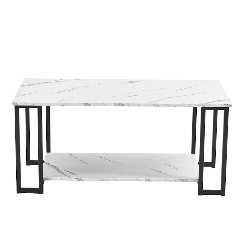 Modern Rectangle Coffee Table with Open Shelf White Marble Texture Gold Black Iron Legs