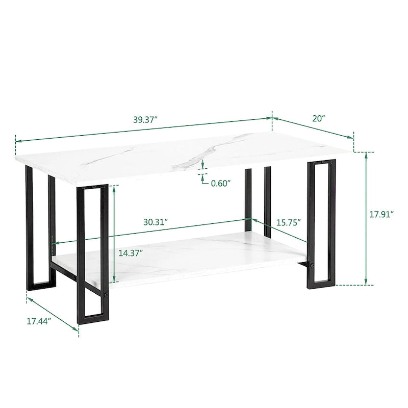 Modern Rectangle Coffee Table with Open Shelf White Marble Texture Gold Black Iron Legs