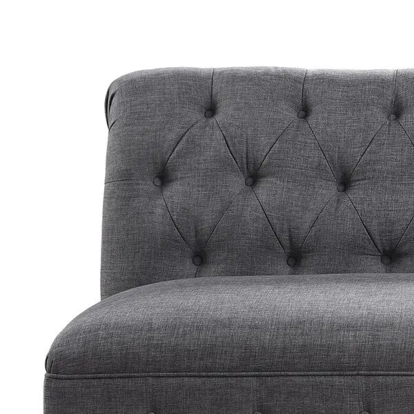 Tufted Chesterfield Linen Armless Sofa with Solid Wood Legs Black Grey