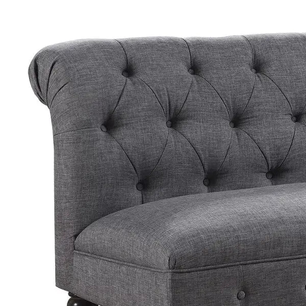 Tufted Chesterfield Linen Armless Sofa with Solid Wood Legs Black Grey