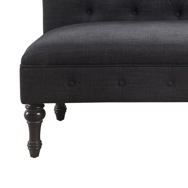 Tufted Chesterfield Linen Armless Sofa with Solid Wood Legs Black Grey