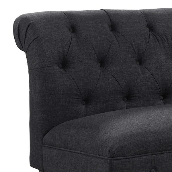 Tufted Chesterfield Linen Armless Sofa with Solid Wood Legs Black Grey