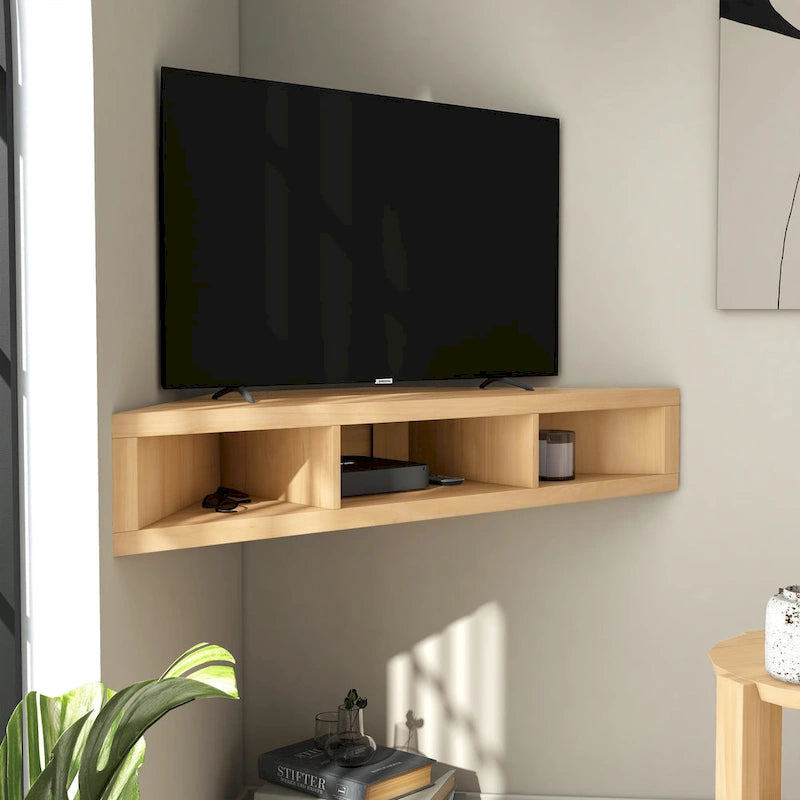 Wall-Mounted Corner TV Console Open Shelving Floating Walnut Oak Finish Storage