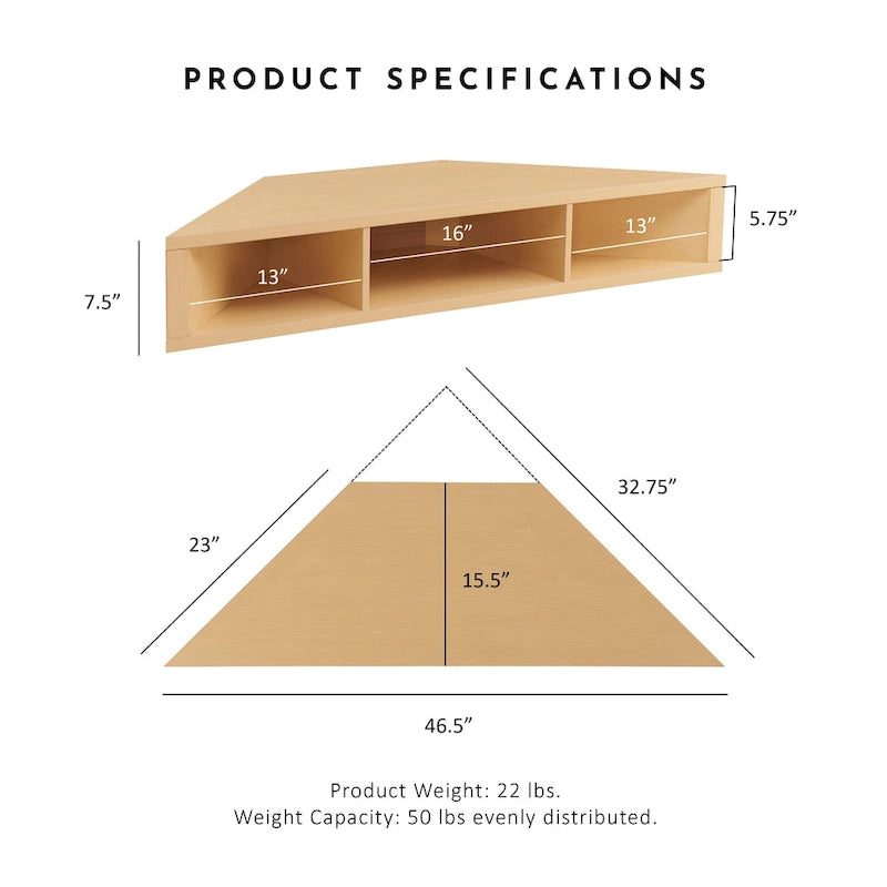 Wall-Mounted Corner TV Console Open Shelving Floating Walnut Oak Finish Storage