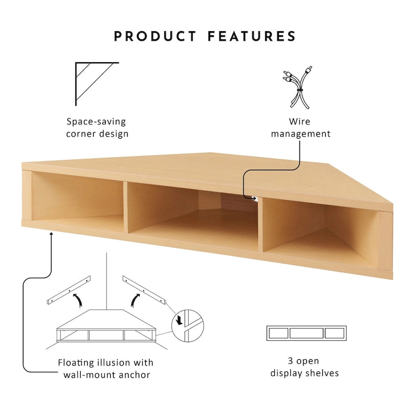 Wall-Mounted Corner TV Console Open Shelving Floating Walnut Oak Finish Storage