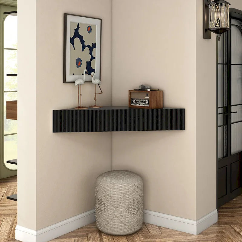 Wall-Mounted Corner TV Console Open Shelving Floating Walnut Oak Finish Storage
