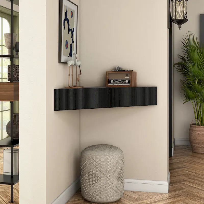 Wall-Mounted Corner TV Console Open Shelving Floating Walnut Oak Finish Storage
