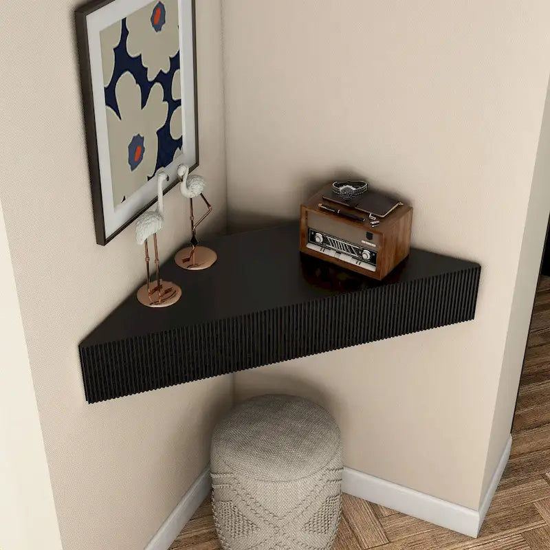 Wall-Mounted Corner TV Console Open Shelving Floating Walnut Oak Finish Storage