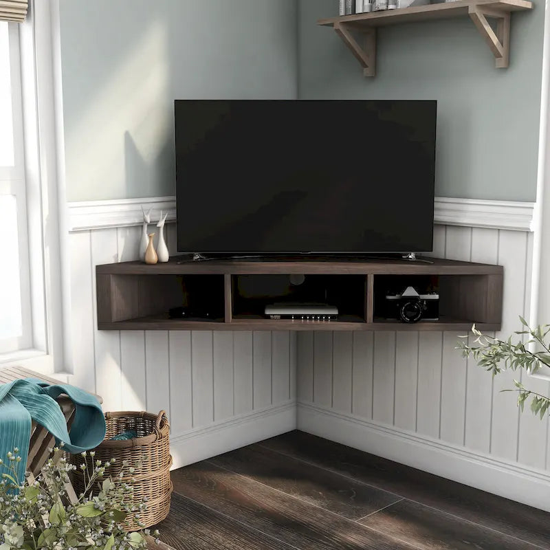 Wall-Mounted Corner TV Console Open Shelving Floating Walnut Oak Finish Storage