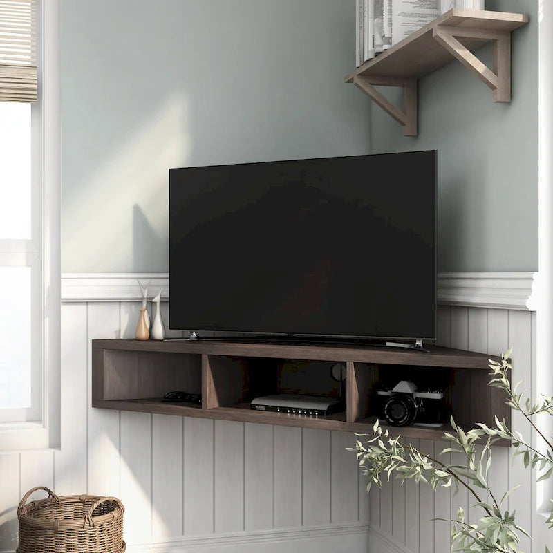 Wall-Mounted Corner TV Console Open Shelving Floating Walnut Oak Finish Storage