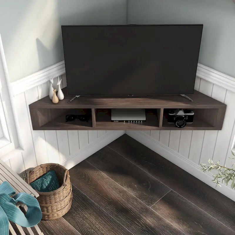 Wall-Mounted Corner TV Console Open Shelving Floating Walnut Oak Finish Storage