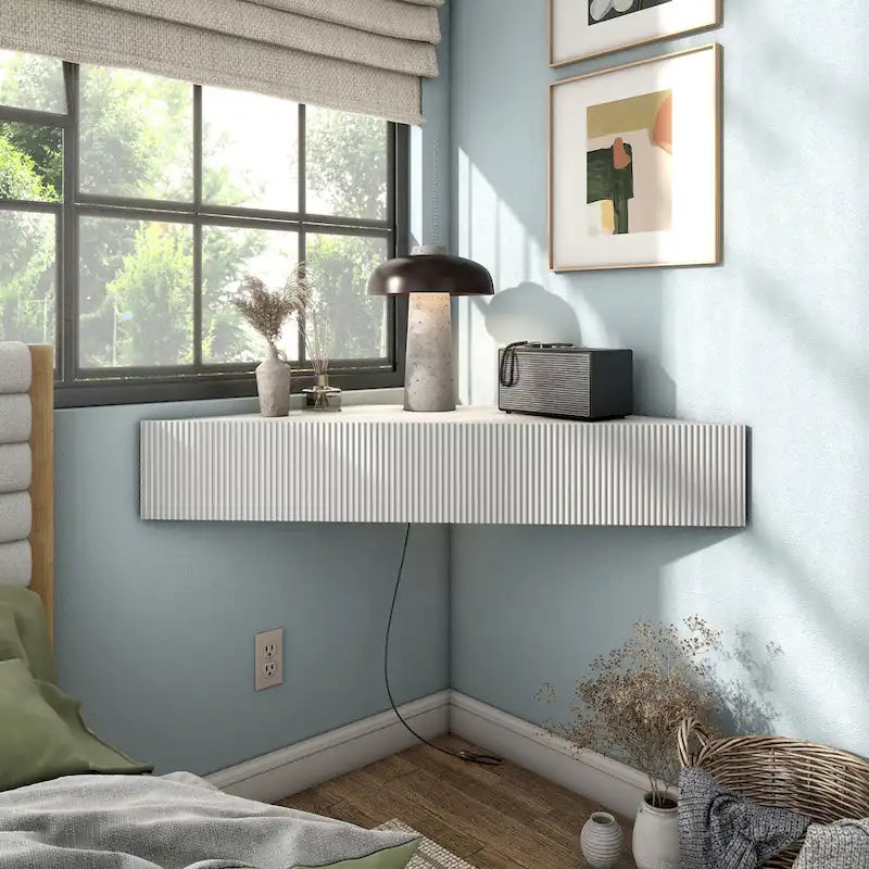 Wall-Mounted Corner TV Console Open Shelving Floating Walnut Oak Finish Storage