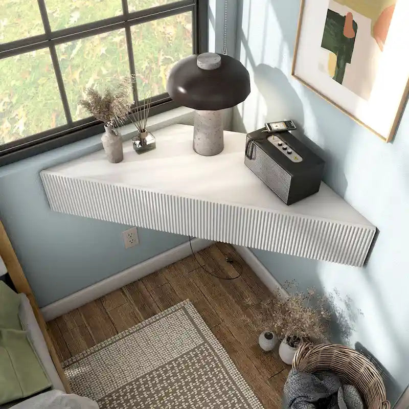Wall-Mounted Corner TV Console Open Shelving Floating Walnut Oak Finish Storage