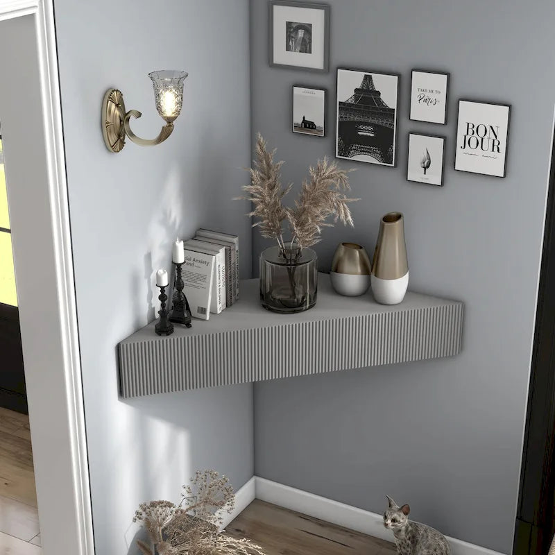 Wall-Mounted Corner TV Console Open Shelving Floating Walnut Oak Finish Storage