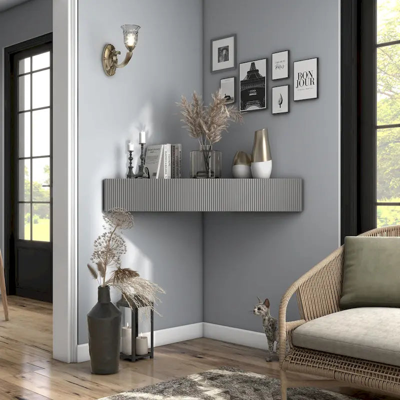Wall-Mounted Corner TV Console Open Shelving Floating Walnut Oak Finish Storage