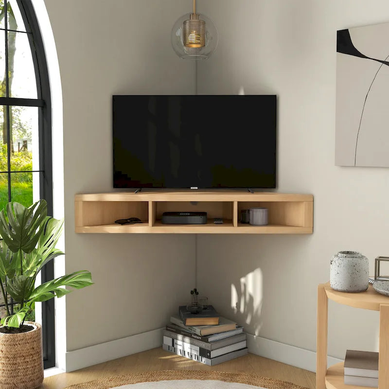 Wall-Mounted Corner TV Console Open Shelving Floating Walnut Oak Finish Storage
