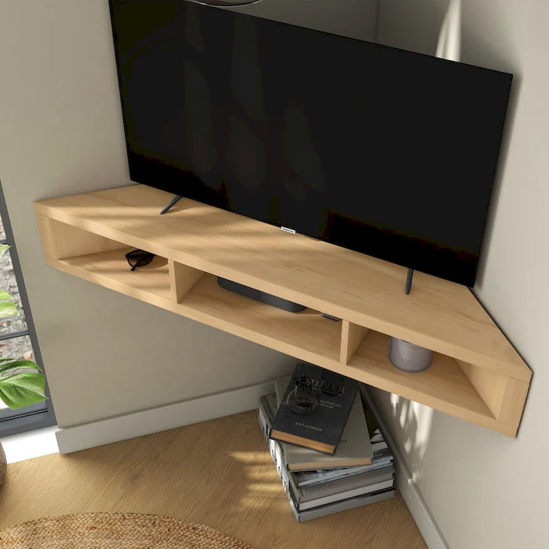 Wall-Mounted Corner TV Console Open Shelving Floating Walnut Oak Finish Storage