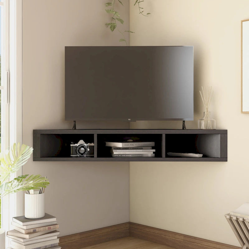 Wall-Mounted Corner TV Console Open Shelving Floating Walnut Oak Finish Storage