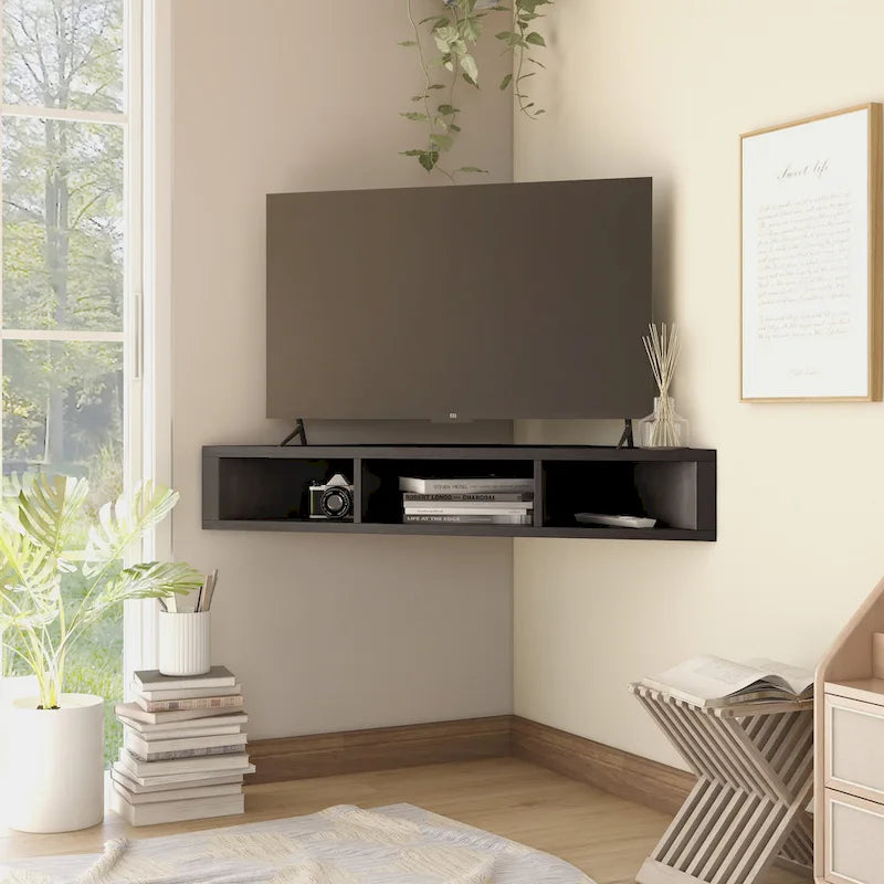 Wall-Mounted Corner TV Console Open Shelving Floating Walnut Oak Finish Storage
