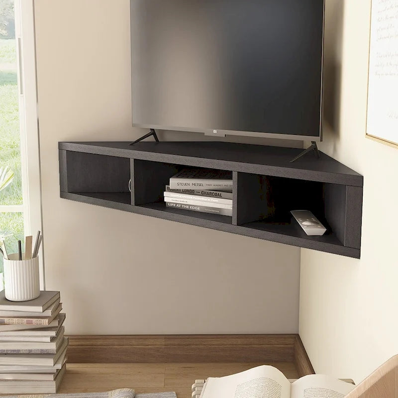 Wall-Mounted Corner TV Console Open Shelving Floating Walnut Oak Finish Storage