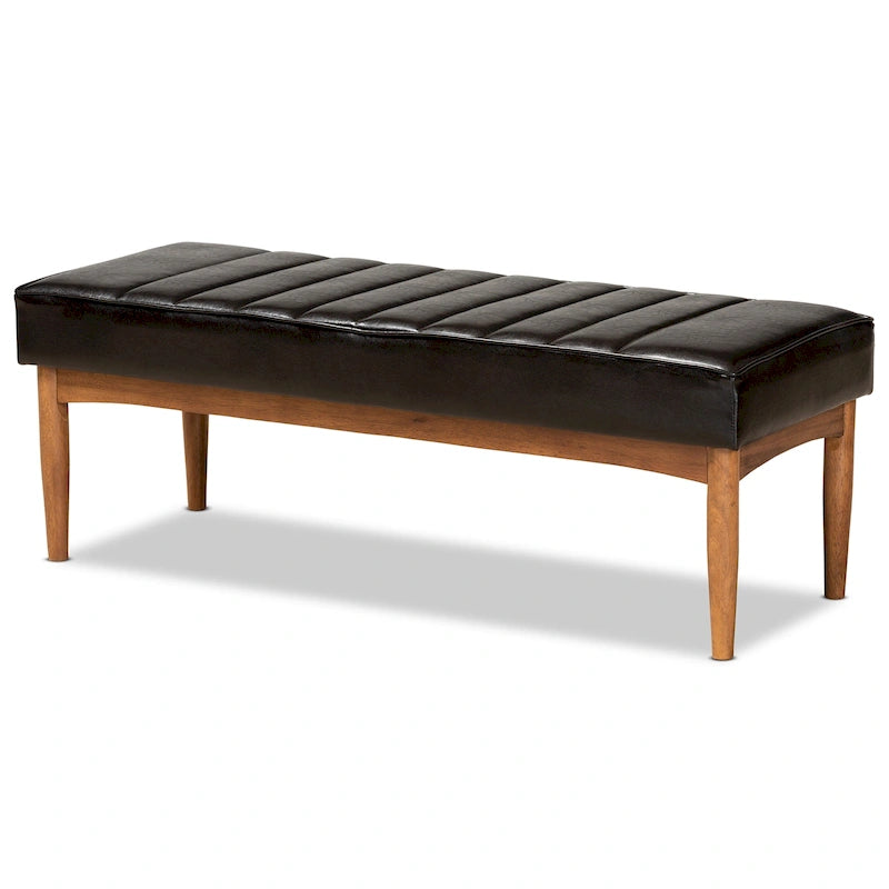 Mid-Century Modern Upholstered Faux Leather Dining Bench Walnut Brown Black