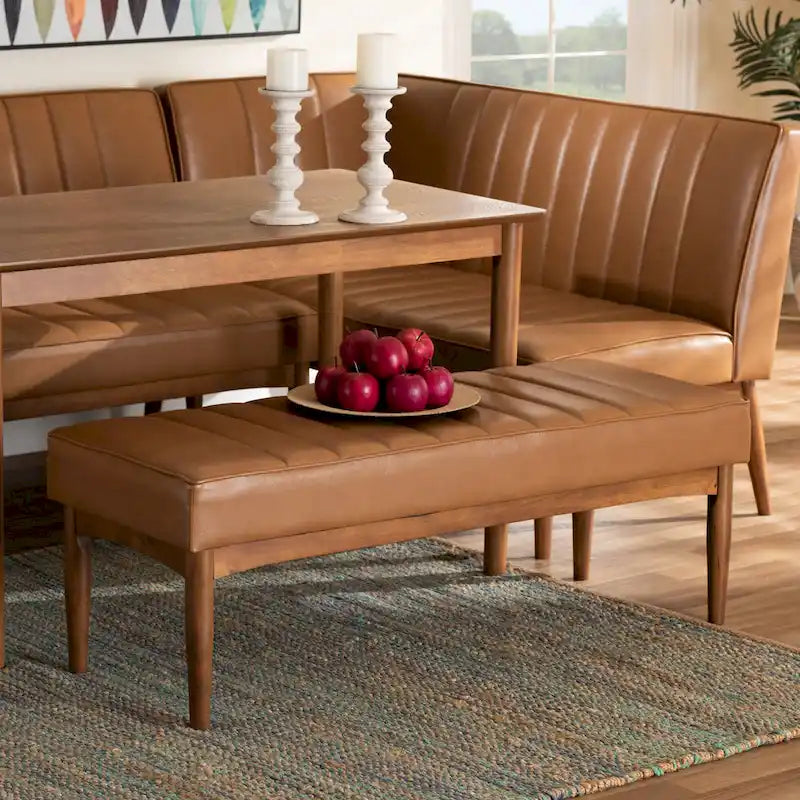 Mid-Century Modern Upholstered Faux Leather Dining Bench Walnut Brown Black