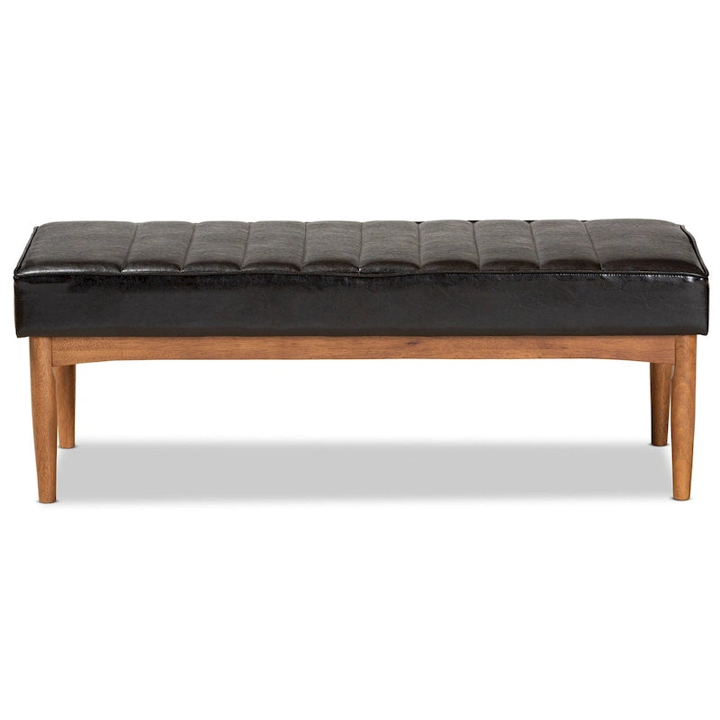 Mid-Century Modern Upholstered Faux Leather Dining Bench Walnut Brown Black