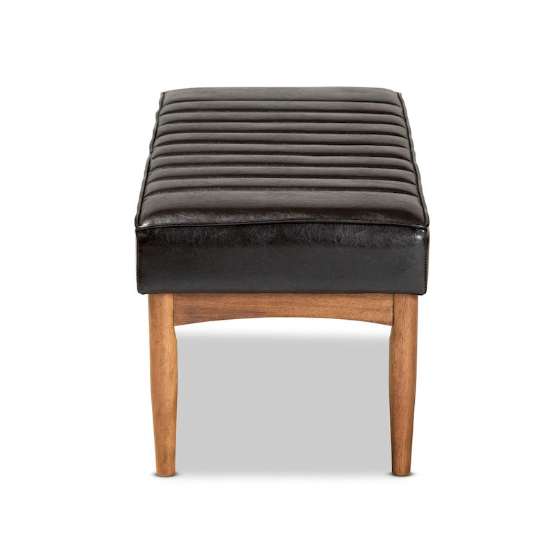Mid-Century Modern Upholstered Faux Leather Dining Bench Walnut Brown Black