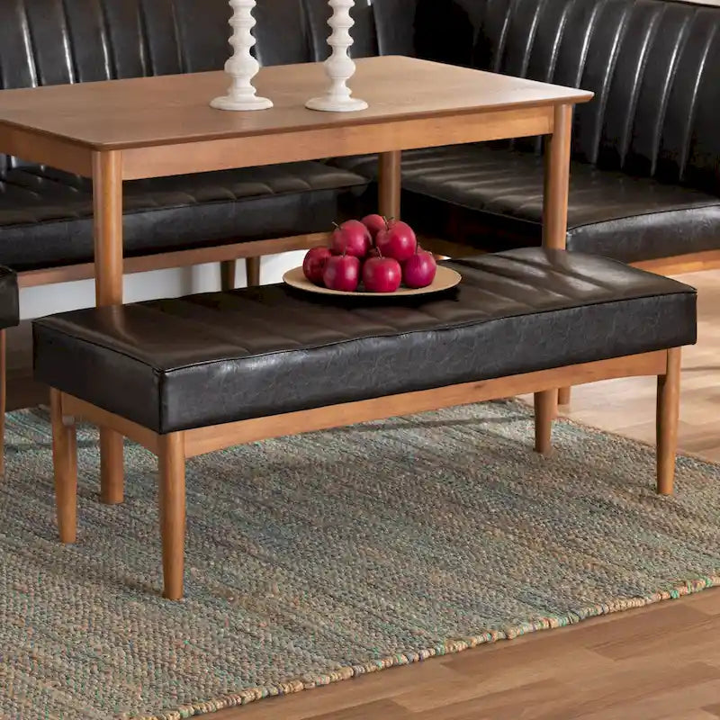 Mid-Century Modern Upholstered Faux Leather Dining Bench Walnut Brown Black