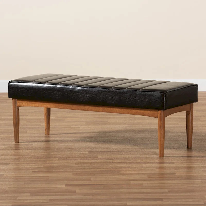 Mid-Century Modern Upholstered Faux Leather Dining Bench Walnut Brown Black