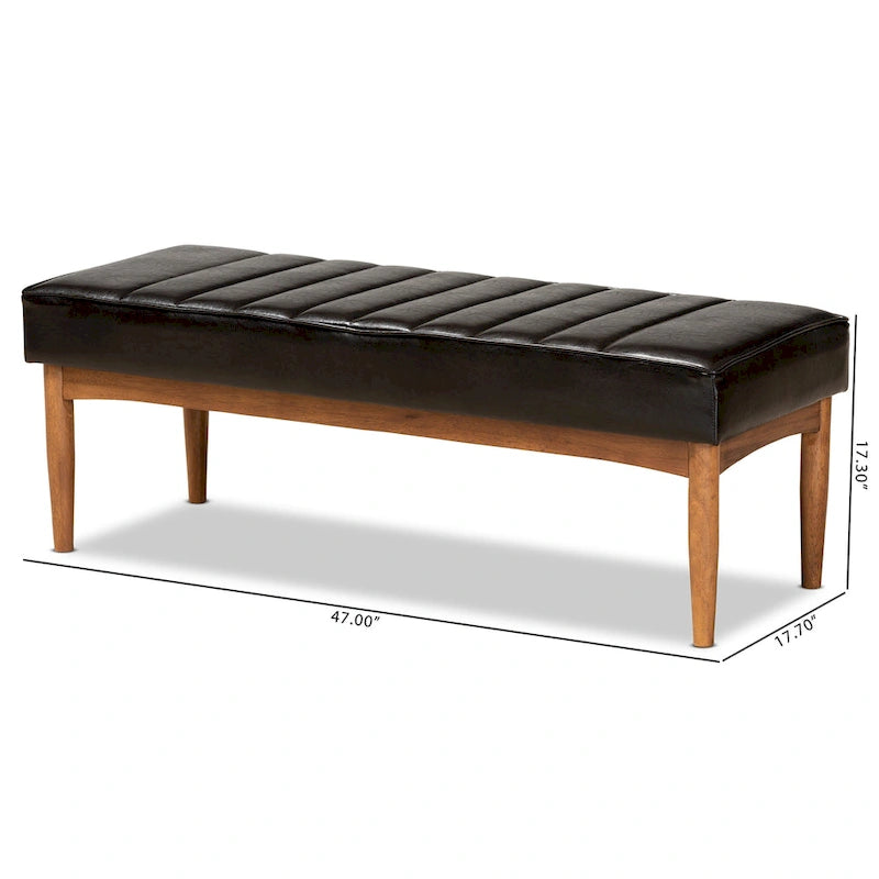 Mid-Century Modern Upholstered Faux Leather Dining Bench Walnut Brown Black