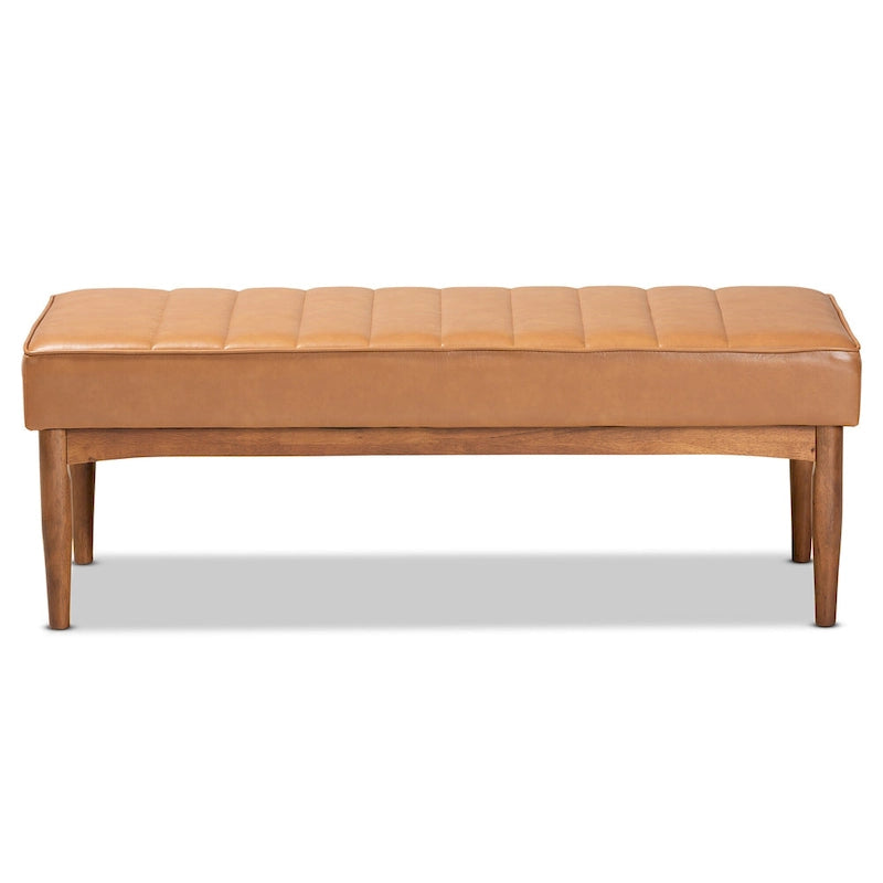 Mid-Century Modern Upholstered Faux Leather Dining Bench Walnut Brown Black