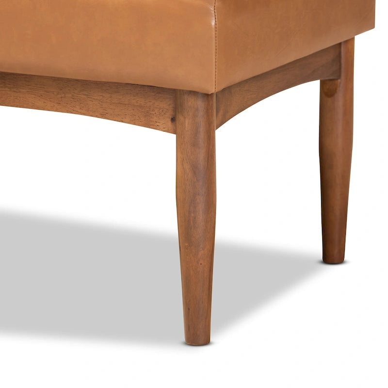 Mid-Century Modern Upholstered Faux Leather Dining Bench Walnut Brown Black